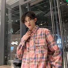 美式复古格子做旧长袖衬衫男女宽松百搭外套情侣衬衣男C40-2/P50，男装衬衫，星座506