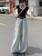 美式复古水洗浅蓝牛仔裤男夏季薄款弯刀宽松阔腿直筒痞帅拖地裤子，男装牛仔裤，四季星座505