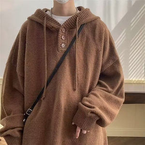灰色连帽Polo衫毛衣男美式复古日系慵懒风针织衫卫衣冬季图片