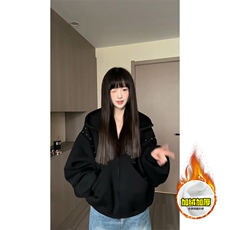 480G重磅加绒硬挺boxy男女美式高街卫衣铆钉杜宾犬耳朵开衫厚外套，女装短外套，电商A486