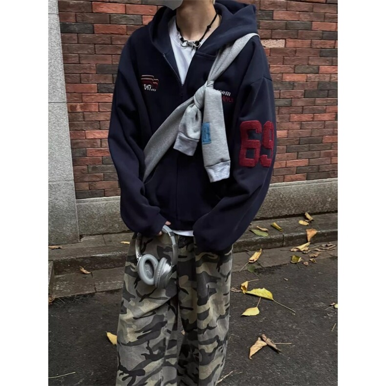 重磅刺绣开衫帽衫春秋季潮牌美式复古运动连帽卫衣外套，女装短外套，星座506A