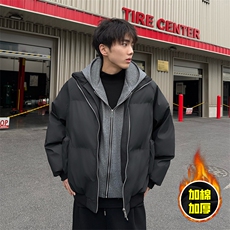 现货高品质重磅工艺美式高街假两件PU皮棉衣男女加厚棉服外套，男装棉衣，电商A443