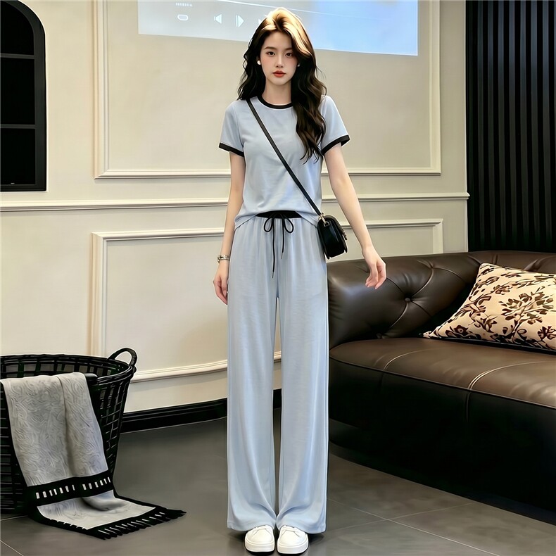 盐系穿搭休闲时尚运动套装女夏款圆领拼接短袖上衣阔腿长裤两件套图片