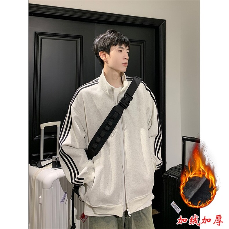 立领藏青色条纹卫衣外套男女加绒oversize美式双拉链开衫长袖上衣,男装夹克,星座1210-1