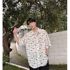 蓝色流苏蝴蝶短袖衬衫男款夏美式复古潮流设计感宽松百搭衬衣外套，男装衬衫，星座506A