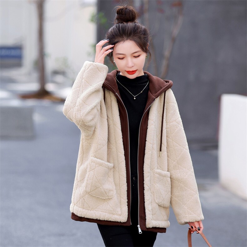 羊羔绒皮毛一体短外套2023冬季新款韩版带帽拼接假两件宽松棉衣,女装棉衣/棉服,瑶迪依秀