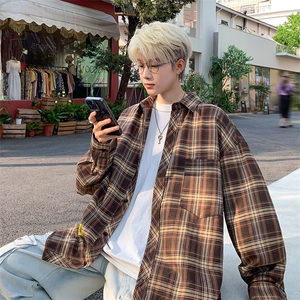 港风大码美式复古贴袋格子翻领长袖衬衫男XZ213-CS8805-P55控68