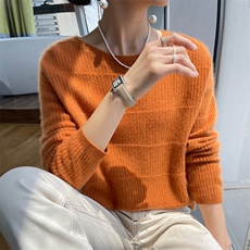 加厚抽条山羊绒衫女圆领秋冬款羊毛针织毛衣宽松显瘦纯色打底衫，女装羊毛衫，百越羊绒