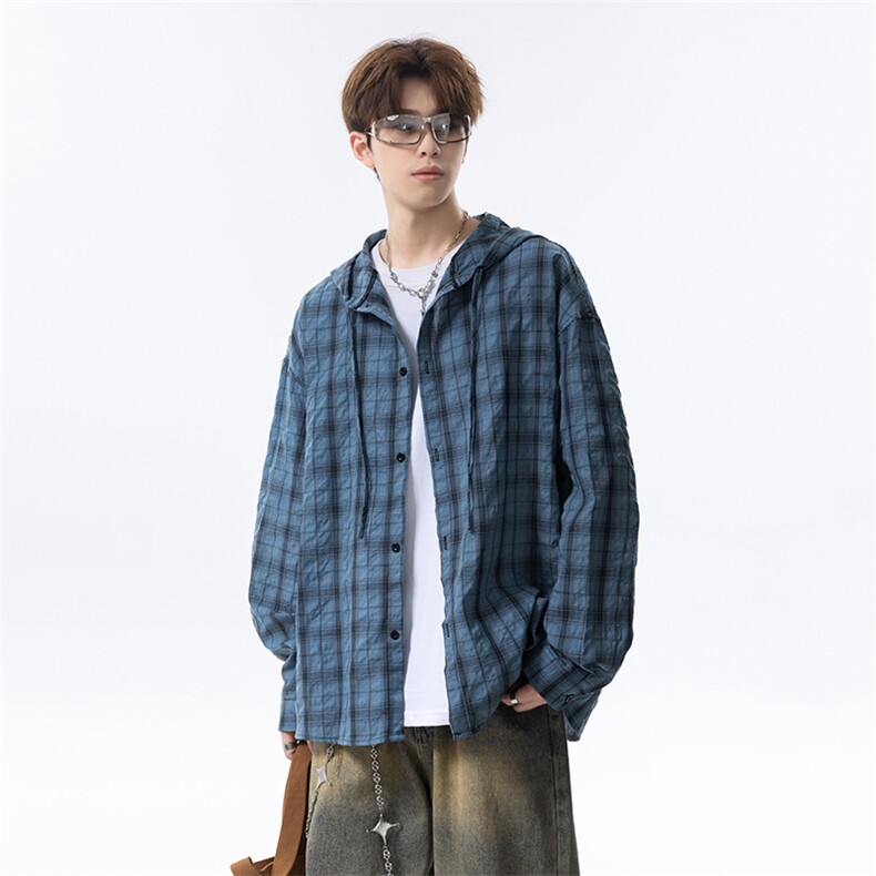连帽格子长袖衬衫男女宽松衬衣防晒外套美式复古C2238-特价P33，男装防晒衣，电商A007