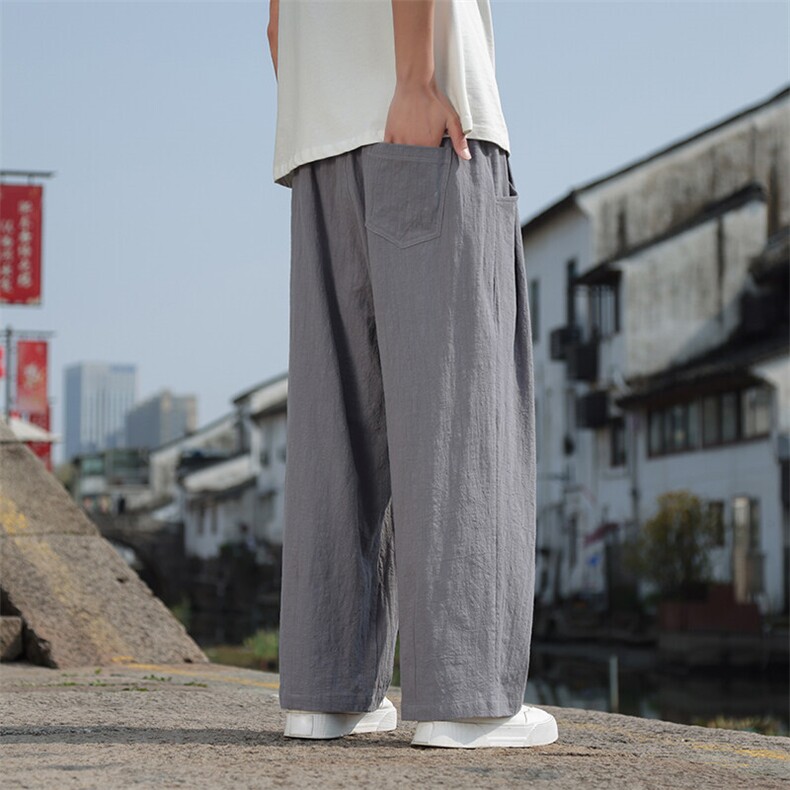 2025春夏新款男士帅气休闲棉麻长裤子简约宽松直筒长裤,男装休闲裤,电商A008