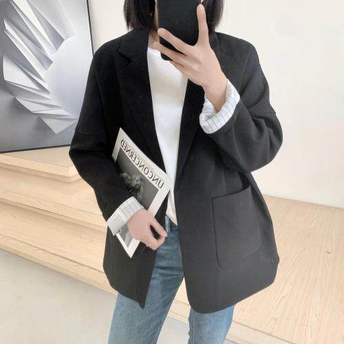 春款里衬拼条纹西服，女装，赫她娜