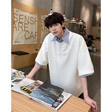 8XL-M假两件衬衫领短袖T恤大码夏季条纹拼接polo衫半袖DX1211/P45，男装Polo衫，电商B238