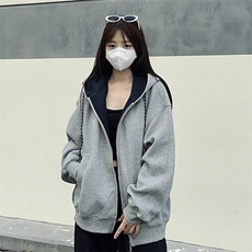 抖音得物二开美式高街重磅结构双层撞色连帽卫衣开衫外套W116，女装短外套，电商A486-1