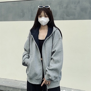 抖音得物二开美式高街重磅结构双层撞色连帽卫衣开衫外套W116图片