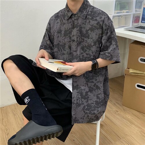 夏季扎染短袖衬衫男韩版潮流宽松ins半袖衣服港风帅气衬衣c66-p35图片