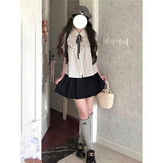 日系学院风小个子木耳边条纹衬衫女叠穿高腰百褶裙两件套，女装套装/套裙，星座506A