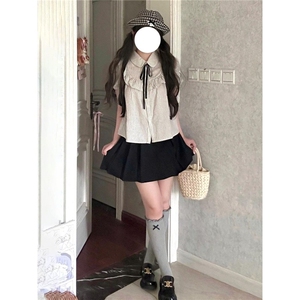 日系学院风小个子木耳边条纹衬衫女叠穿高腰百褶裙两件套图片