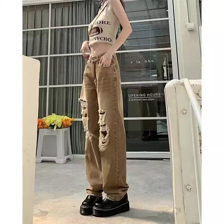 棕色破洞美式随性辣妹复古做旧大破洞直筒牛仔裤女潮搭春季阔腿裤,男装牛仔裤,星座506A