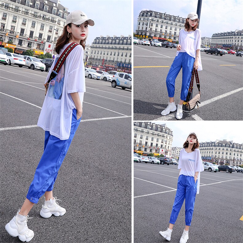 韩版百搭2021年夏季两件套字母款圆领短袖宽松休闲，女装套装/套裙，布衣桑