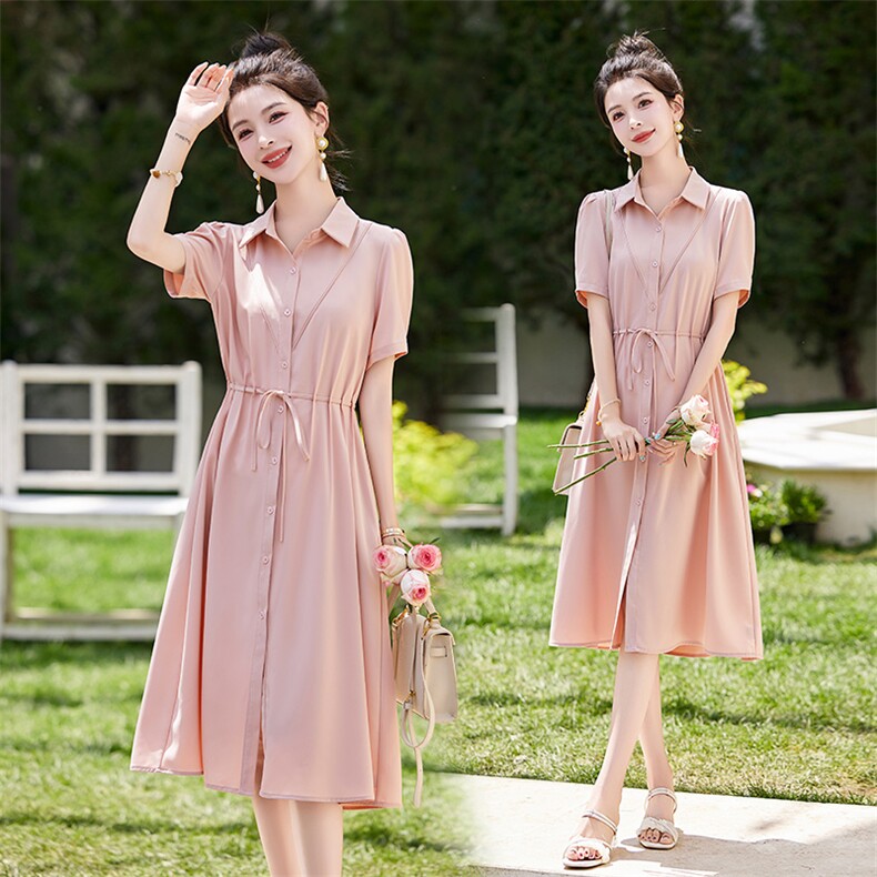 高端时尚小个子百搭衬衫裙女2024夏季新款洋气收腰气质雪纺连衣裙，女装连衣裙，曼琳思菲