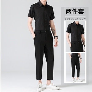 冰丝套装夏季九分西裤男长裤修身韩版港风休闲裤短袖衬衫两件套潮图片
