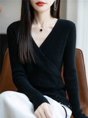 秋冬新V领抽绳羊毛衫女修身长袖上衣针织羊绒打底毛衣遮肉显瘦，女装针织衫/毛衣，暖绒情旗舰店