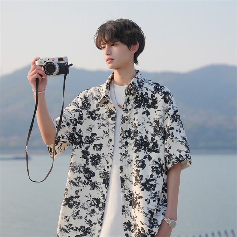 胖胖哥新中式短袖花衬衫男夏季国潮印花休闲衬衣男生大码宽松外套，男装衬衫，电商A001