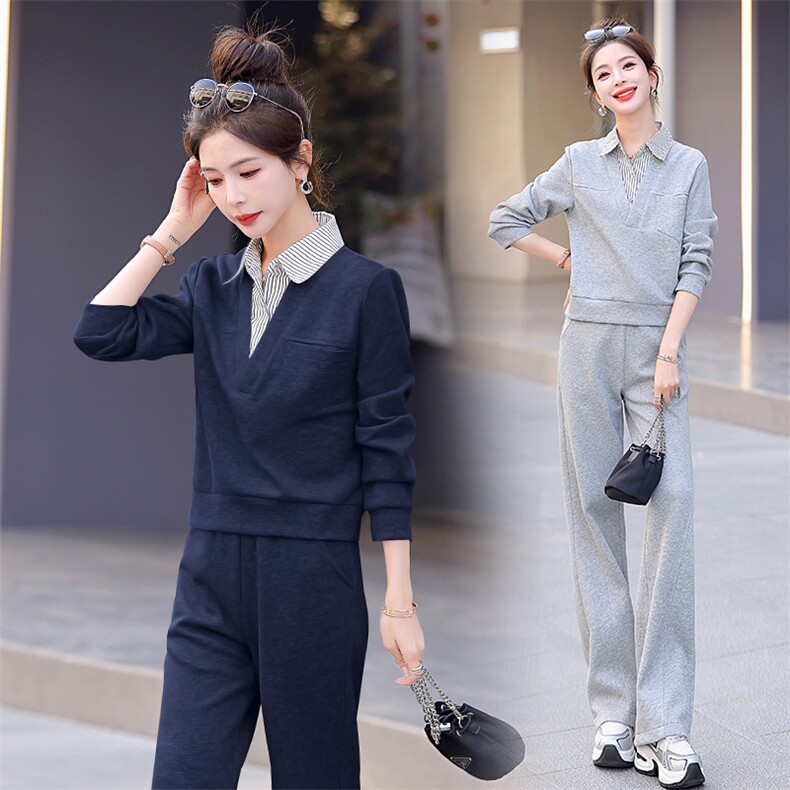 通勤休闲套装女翻领拼接长袖上衣长裤简单大方气质优雅舒适修身，女装套装/套裙，梦依杭
