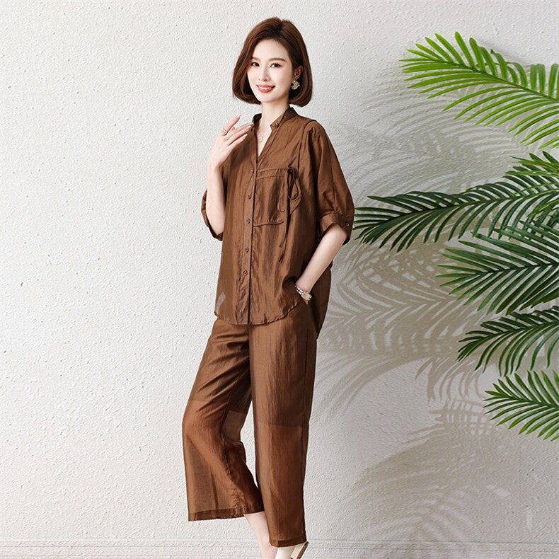 现货2023年夏季小众设计时尚休闲轻薄宽松简约短袖套装,女装套装/套裙,深水步
