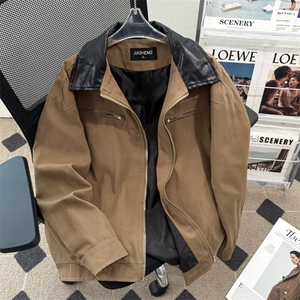 拼接翻领工装外套男款水洗夹克小众高级感垫肩棒球服百搭7712 P75图片