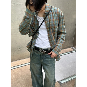 大货 夏季宽松休闲防晒衬衣美式格子褶皱长袖衬衫CS003-P45图片