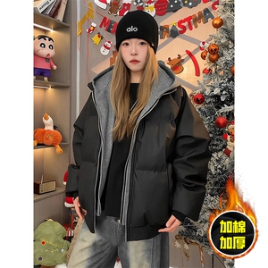 现货高品质重磅工艺美式高街假两件PU皮棉衣男女加厚棉服外套,黄色皮裙冬天怎么搭配图片