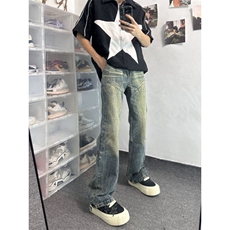 【有货】DT69-P50美式复古做旧水洗黄微喇叭牛仔裤男宽松直筒裤，男装牛仔裤，星座603-2