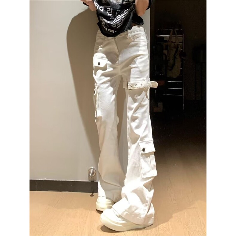 美式复古白色多口袋绑带微喇牛仔裤女辣妹设计感修身显瘦马蹄长裤,男装牛仔裤,星座1210-1