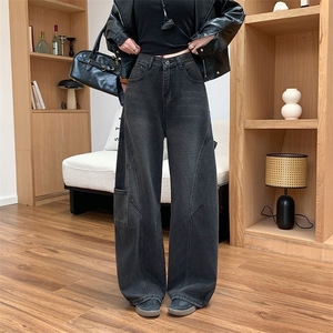 美式复古水洗印花高街阔腿弯刀牛仔裤女新款高腰宽松设计拖地长裤图片