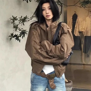 美式复古卡其色立领工装夹克男女cleanfit高级感短宽巴恩风外套潮图片