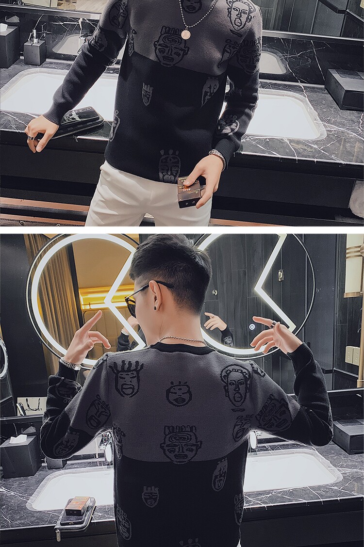 秋冬社会小伙套头毛衣休闲卡通圆领修身针织打底衫MY8621-P65控85,男装针织衫/毛衣,星座308A