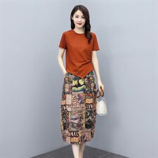 2021新款女夏装圆领针织上衣花色长裙套装套裙，女装套装/套裙，施恩睿棋