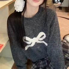 甜美蝴蝶结装饰宽松圆领针织衫可爱淑女风毛衣外套，女装针织衫/毛衣，萱芳婷羊绒