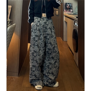 棉麻风提花阔腿裤子男新款复古慵懒宽松直筒休闲拖地裤D506/P55图片