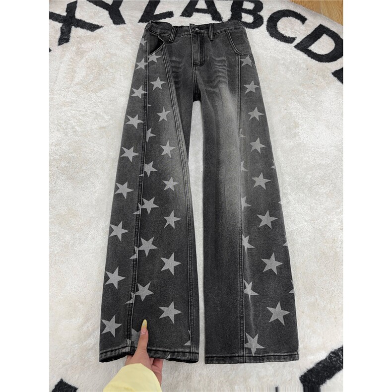 B221美式ins高街暗黑拼接五角星宽松直筒牛仔裤LK26649-特P50控98图片