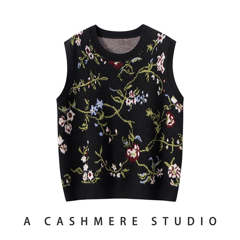 2025舒适百搭简约秋冬新款提花圆领马甲，女装羊绒衫，万品羊绒