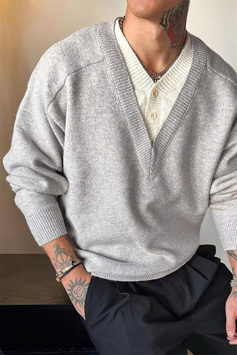 网图宽松套头针织衫上衣男冬季美式重磅假两件v领毛衣-A2371P58,男装针织衫/毛衣,电商B241