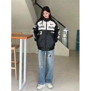 赛车服夹克男款美式PU皮夹克痞帅皮衣高街棒球机车秋季潮牌外套男图片