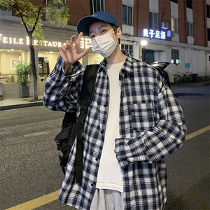 春夏 港风日系复古格子薄衬衫长袖潮宽松百搭衬衣情侣 H216/P45图片