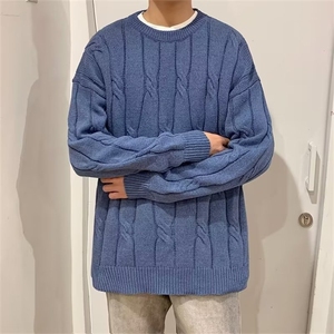 秋冬新款韩版潮流麻花圆领毛衣男宽松休闲慵懒风针织衫图片