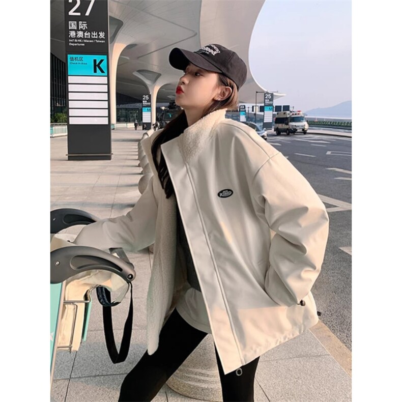 美式流行两面穿时尚双拼羊羔毛秋冬季韩版男女情侣棉服外套百搭潮图片