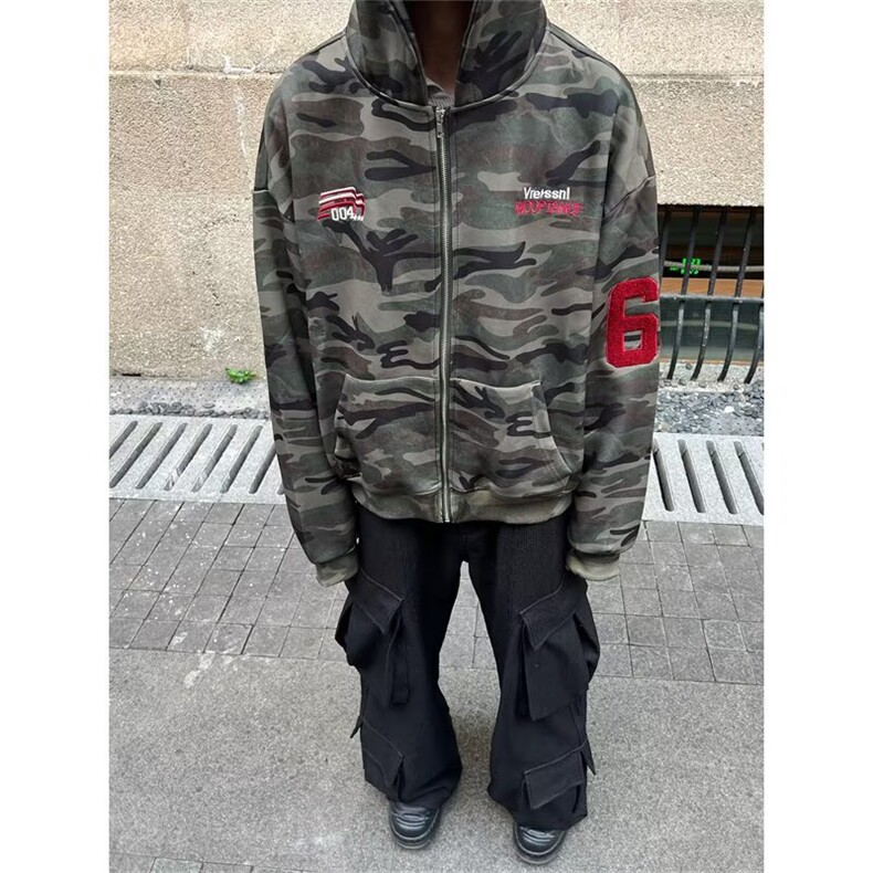 美式复古水洗迷彩刺绣连帽卫衣外套男秋冬季宽松休闲帽衫夹克图片