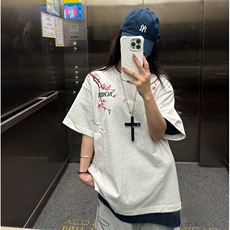 万针全刺绣工艺抖音得物高品质260克重磅纯棉双纱美式高街短袖T恤，男装T恤，电商A486-1