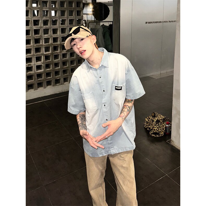 美式复古潮牌水洗设计感短袖衬衫男女粉色学院风磨白衬衣,男装衬衫,星座410-7